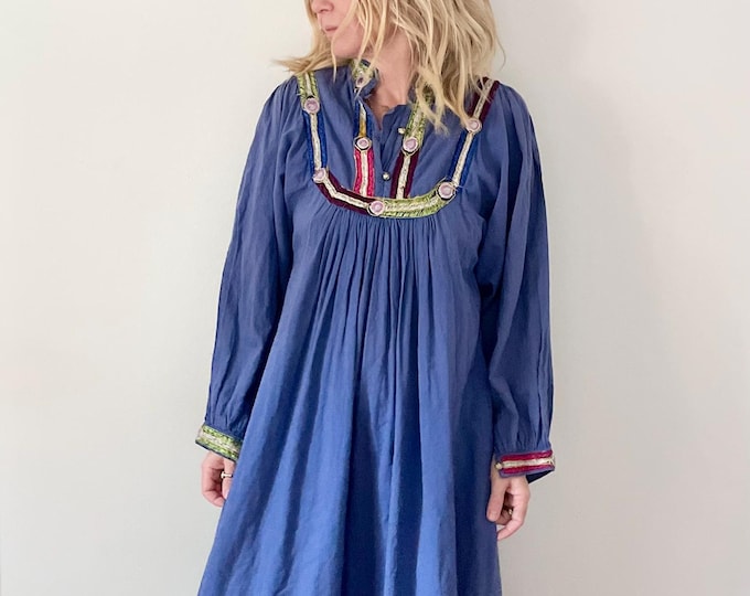 Vintage Embroidered India Dress , Mirrored Indian Cotton Dress , Hand Embroidered Blue Midi Dress