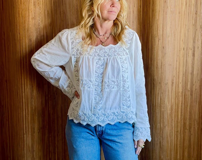 Vintage Oaxacan Cotton Crochet Top - White Mexican Folk Boho Peasant Shirt