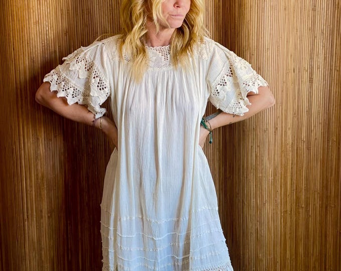 Vintage 1960s Mexican Cotton Dress - Hand Crochet Lace Boho Maxi Dress