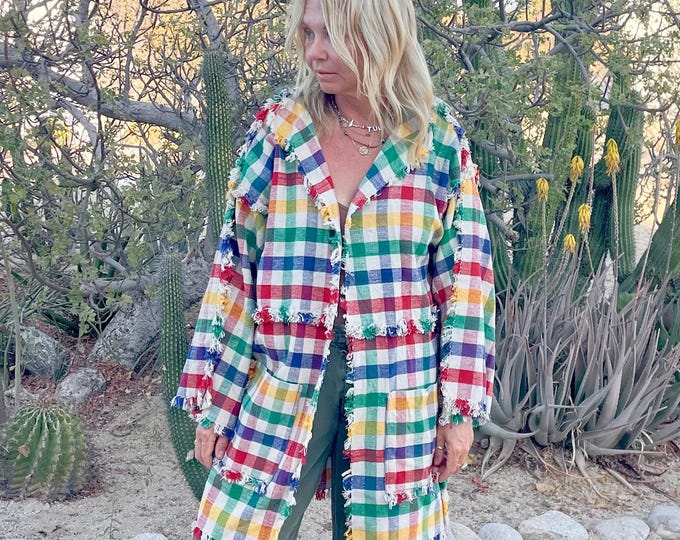 VTG 1950s Hand-Woven Cotton Jacket — Multicolor Checked Fringe BOHO Kimono