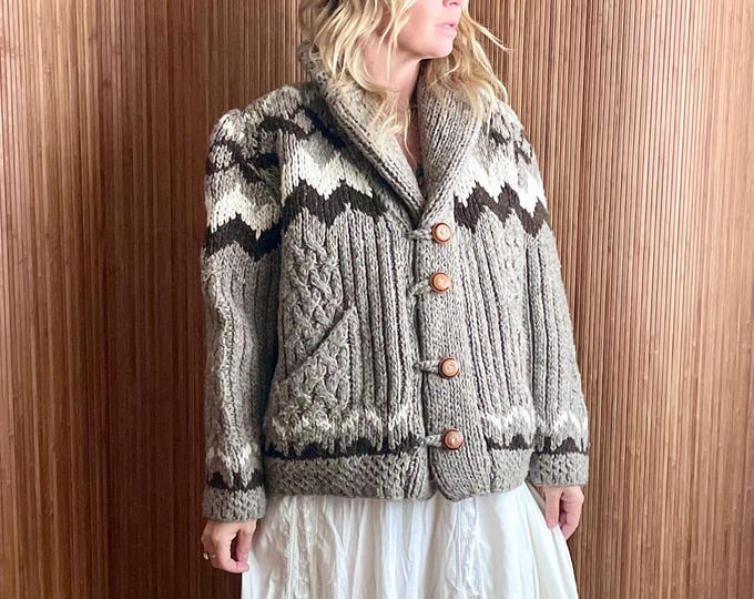 VTG 60s Mexican Hand Knit Crop Wool Cardigan - Cable Knit Boho Ethnic Sweater