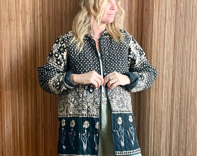 Vintage Indian Block-Print Quilted Jacket - Black & Cream Floral Boho Quilt Coat
