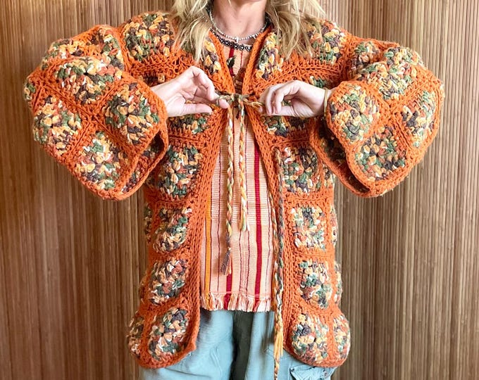 VTG 70s Hand-Knit Afghan Crochet Cardigan - Granny Square Boho Orange Knit Jacket