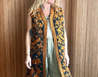 Vintage Afghan Embroidered Vest- Boho Floral Ethnic Long Waistcoat