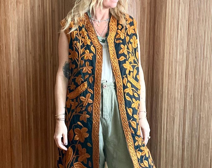 Vintage Afghan Embroidered Vest- Boho Floral Ethnic Long Waistcoat