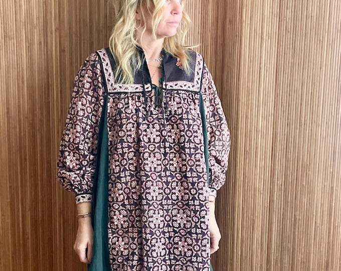 Vintage 1970s Indian Block Print Midi Dress — Boho Folk Floral Cotton Dress