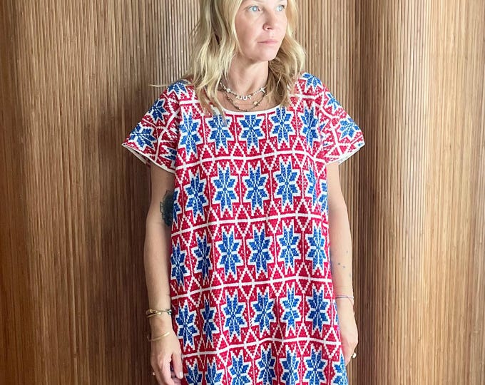 Vintage Oaxaca Embroidered Dress - Handmade Mexican Cotton Huipil Caftan