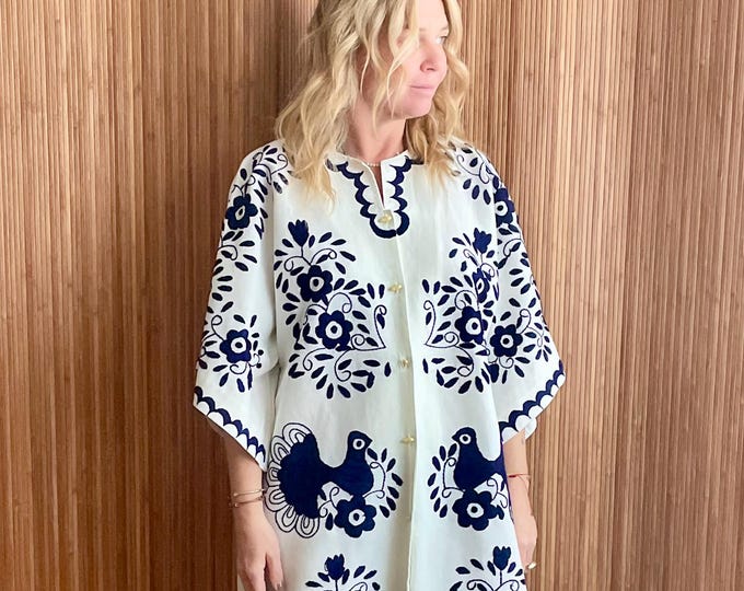 VTG Mexican Hand‑Embroidered Duster — Boho Maxi Peacock Kaftan