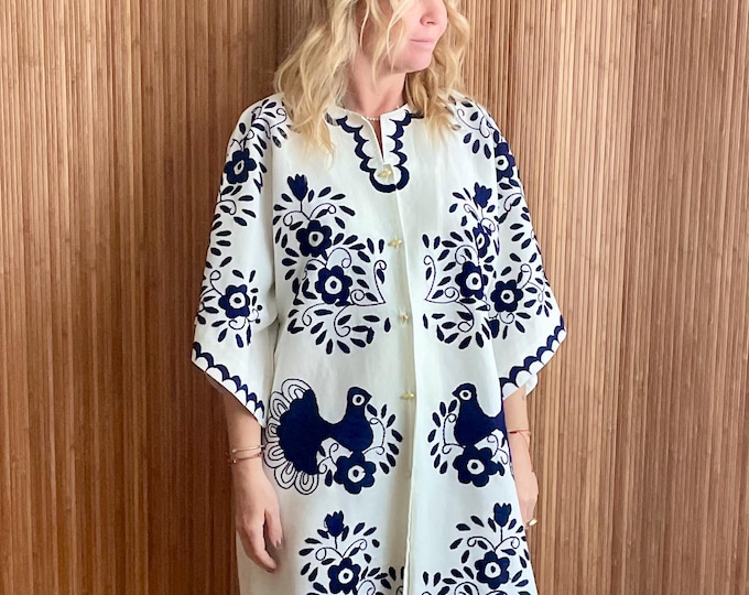 Vintage Mexican Hand‑Embroidered Peacock  Duster — Boho Maxi Kaftan