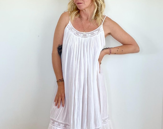 Vintage Cotton Gauze Strappy Sundress , White Gauze Summer  Dress , Tent Dress , Cotton Crochet Dress , White Dress
