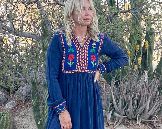 Vintage RARE Star of Indian Embroidered Cotton Gauze Dress - Kuchi Tribal Bohemian Midi Navy