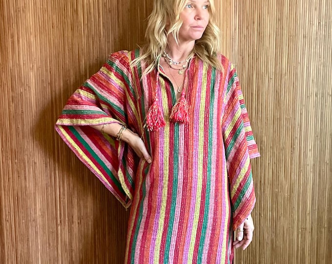 Vintage 70s RIKMA Collectible Metallic Lurex Cotton Kaftan - Rainbow Striped Boho Resort Maxi