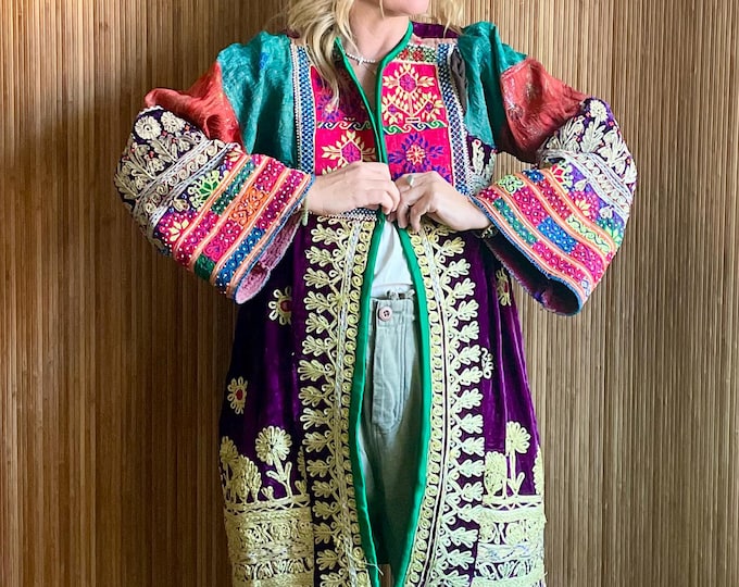 Antique Afghan Kuchi Hand-Beaded & Embroidered Coat - Velvet Tribal Coat