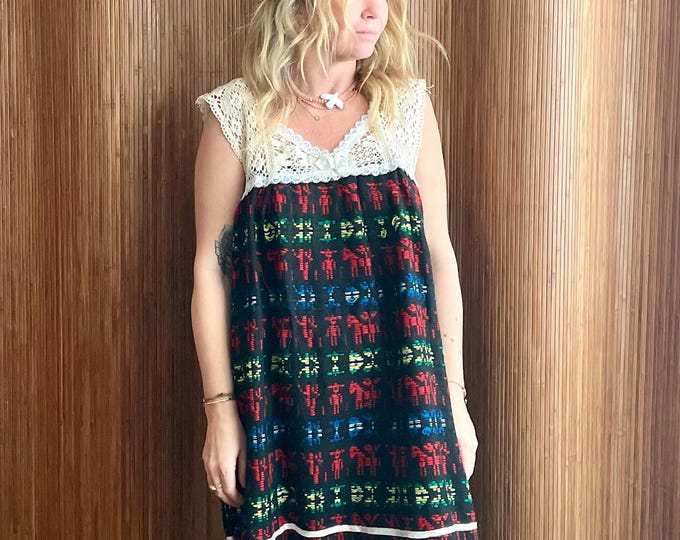 Vintage 1960s Mexican Hand-Loomed Midi Dress — Lace Yoke, Folk Floral Ikat-style