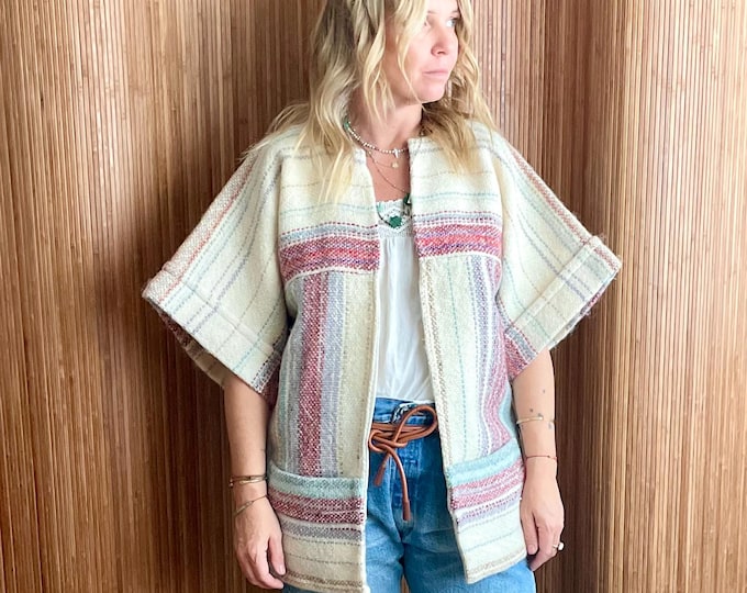 VTG Hand Loomed Wool Fiber Art Jacket - Satin Lined Boho Kimono Cardigan