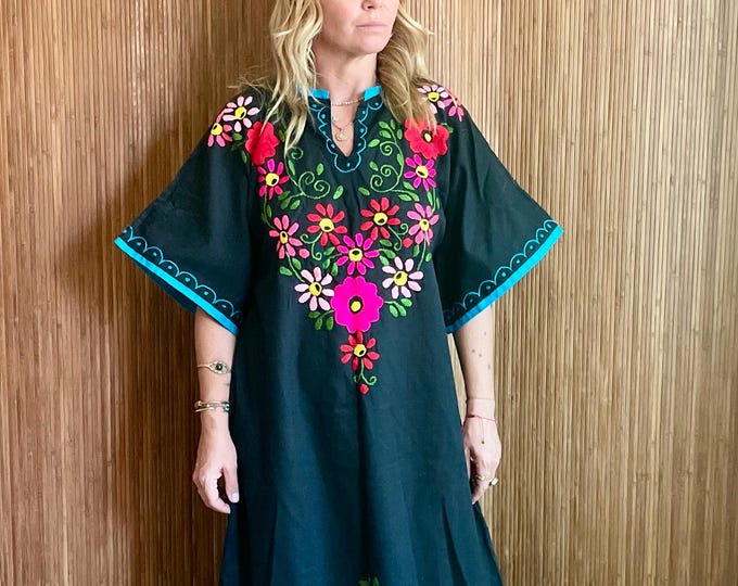 Vintage 60s Black Mexican Hand Embroidered Kaftan- Floral Stitched Resort Maxi Dress
