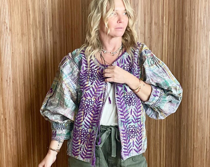VTG 1970s Mexican Ikat Handwoven Folk Jacket  - Purple Embroidered Floral Chiapas Coat