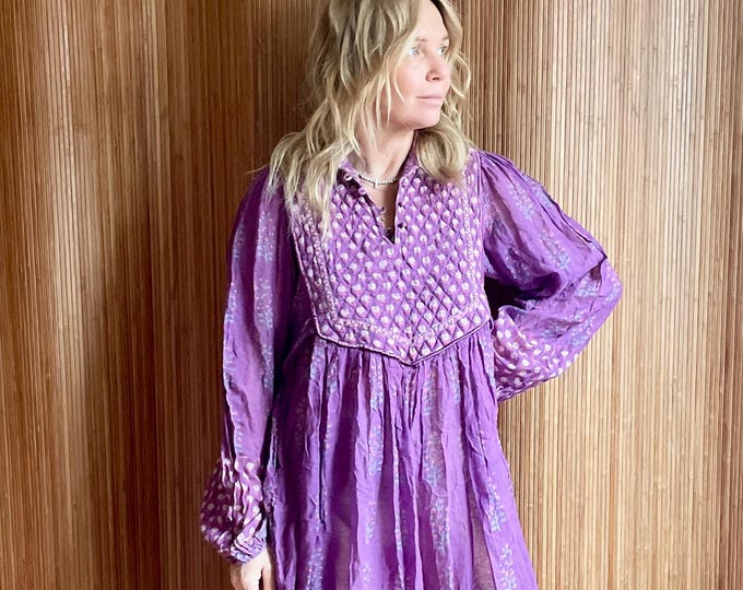 Vintage ADINI Indian Cotton Gauze Dress — Purple Block Print Floral Boho Midi