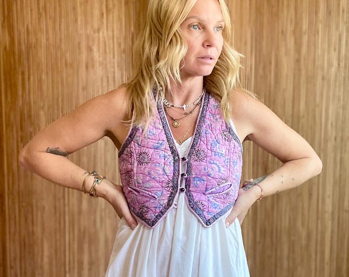 VTG Indian Quilted Cotton Vest- Boho Artisan Block Print Waistcoat
