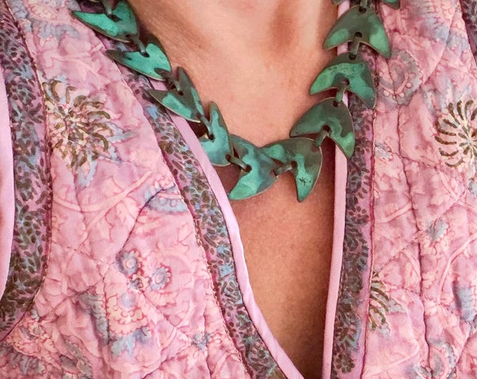 Vintage Mid-Century Modernist Brass Necklace - Vintage Green Patina Geometric Fishtail  Statement Jewelry