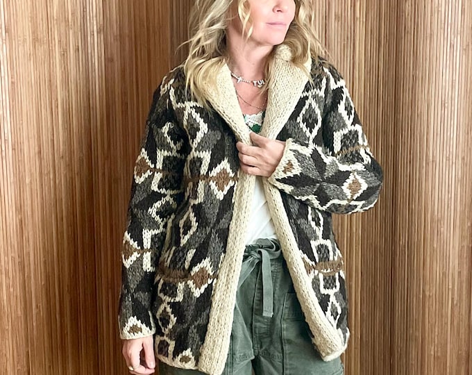 Vintage 60s Mexican Hand Knit Cardigan - Oversize Ethnic Cowichan Style Boho Sweater