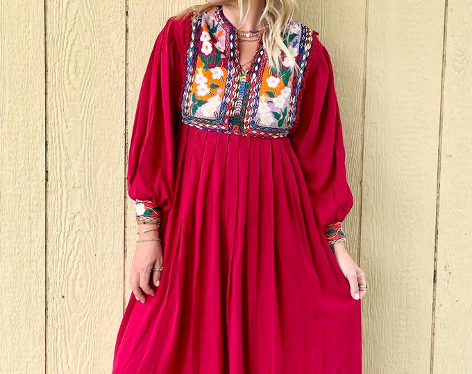 Vintage Afghan Embroidered Bohemian Dress , Kuchi Tribal Dress , Embroidered Red Midi Dress , Hand Embroidered Ethnic Dress