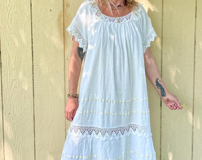 Vintage Mexican Gauze Dress, Ethnic Lace Dress , Balloon Sleeve Dress , Crochet Cotton Dress