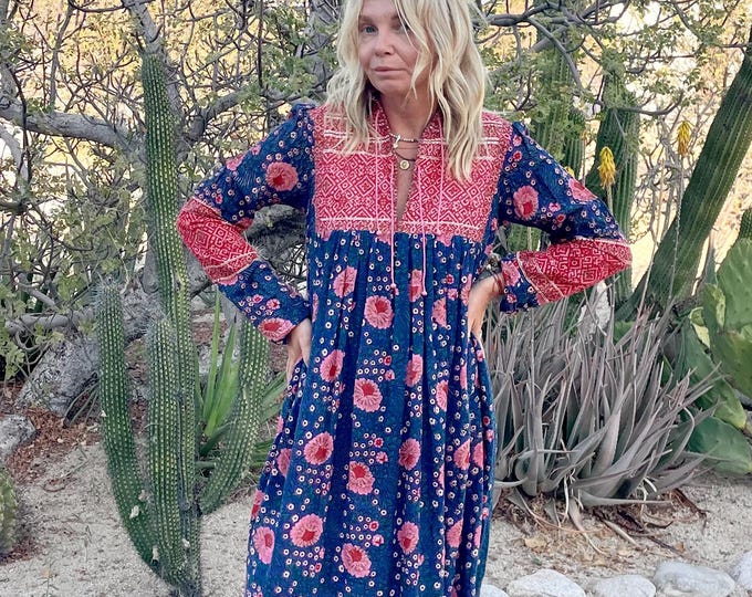 VTG Adini for Saks Fifth Ave Block Print Dress — Navy & Pink Floral Boho Maxi