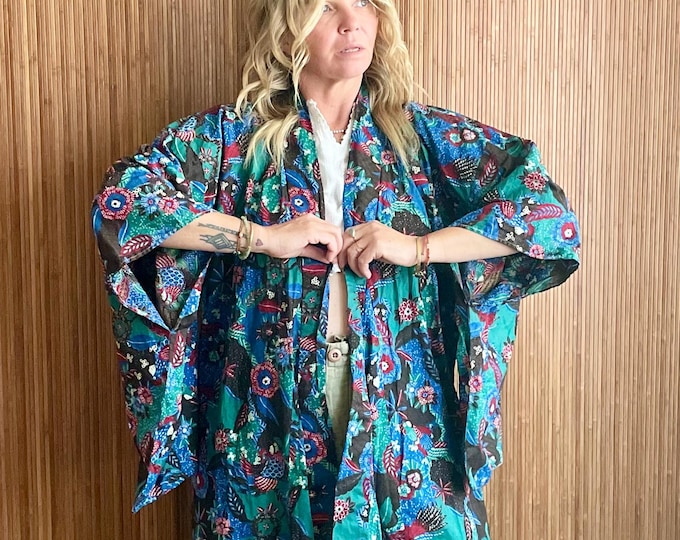 Vintage Batik Print Cotton Kimono • Boho Floral Duster Free Size