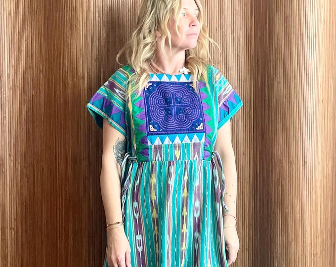 VTG Ethnic Ikat Dress — Turquoise & Purple Ikat, Geometric Appliqué Yoke, Boho Midi