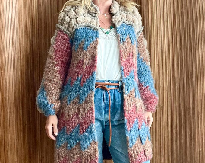 Vintage Norma of Canada Hand-Knit Wool Sweater Coat, Chunky Bubble Knit