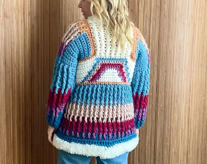 Vintage 70s Chunky Rainbow Crochet Cardigan - Bohemian Festival Hand Knit Sweater