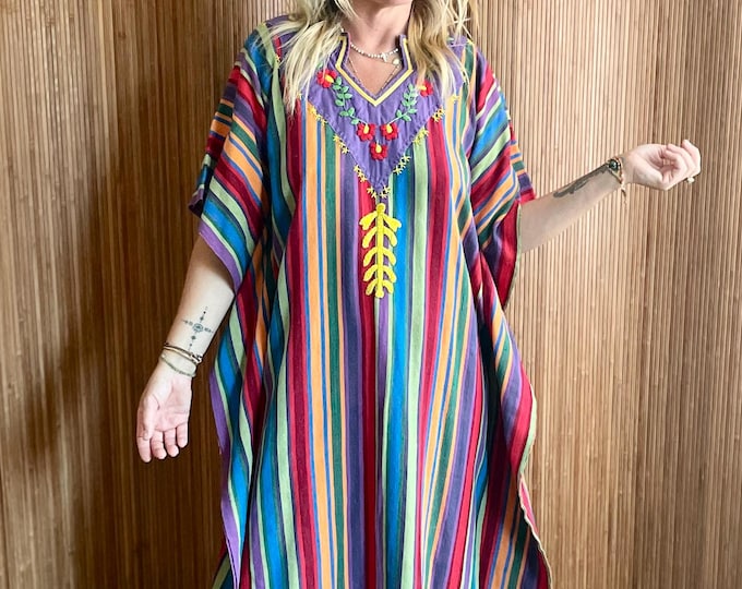 Vintage 1970s Striped Woven Embroidered Kaftan Dress — Bohemian Artisan Handwoven Cotton Festival Resort Wear