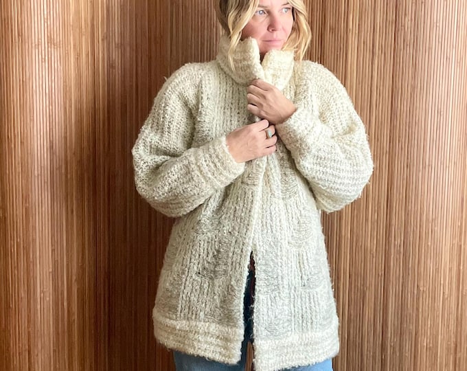 VTG 80s Mohair Blend Oversized Knit Cardigan - Cream Chunky Bohemian Sweater