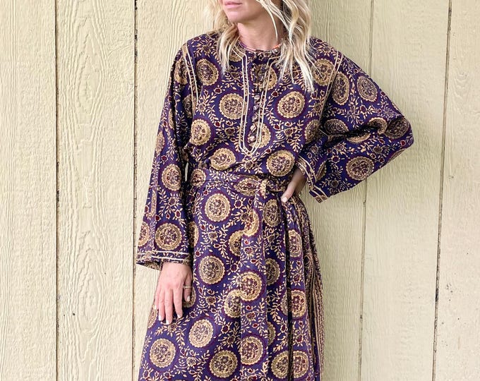 Vintage 70s  Block Print Caftan  , Block Print Kaftan , Vintage Lord and Taylor