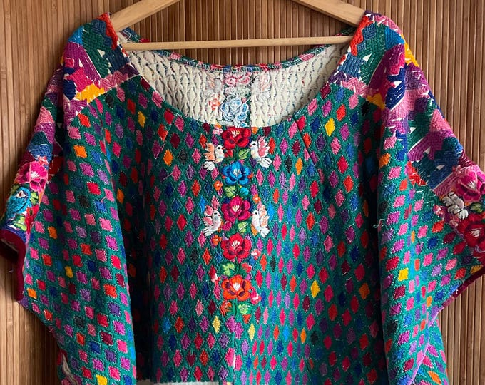 Vintage Guatemalan Hand Loomed Huipil Top – Colorful Floral Embroidered Bohemian Blouse
