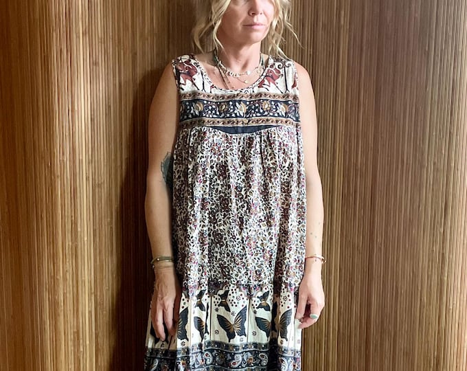 Vintage Hand‑Blocked Indian Cotton Dress — Deadstock with Tags Boho Maxi Butterfly Print Sundress