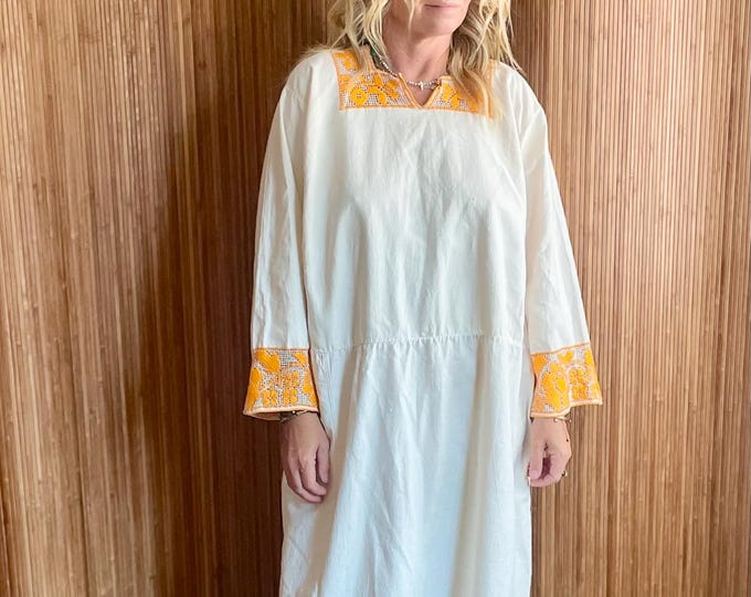 Antique Eastern European Folk Embroidered Linen: Bohemian Folk Embroidered Maxi Kaftan