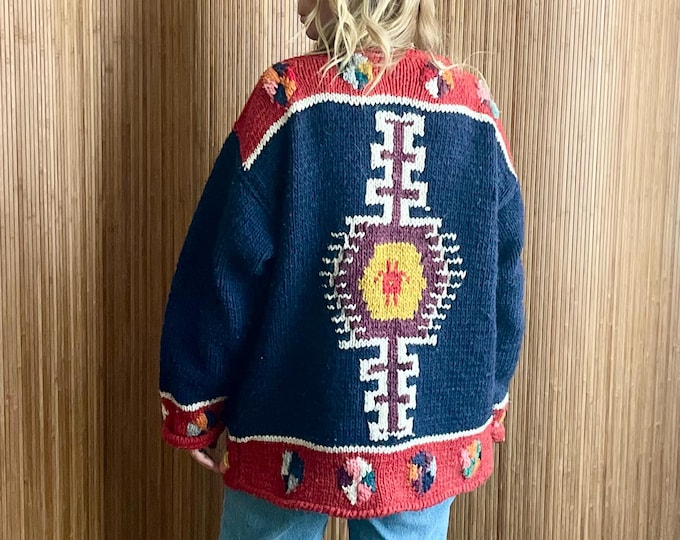 Vintage Ethnic Ecuadorian Chunky Wool Cardigan - Bold Geometric Oversized Boho Knitwear