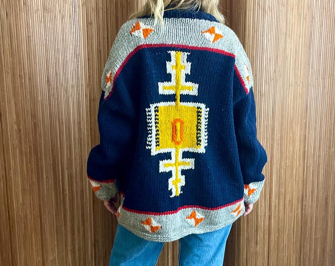 Vintage Ethnic Ecuadorian Chunky Wool Cardigan - Bold Geometric Oversized Boho Knitwear