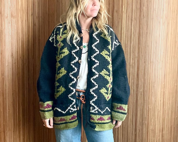Vintage Chunky Ethnic Hand Knit Wool Cardigan - 80s Bohemian Chunky Statement Sweater