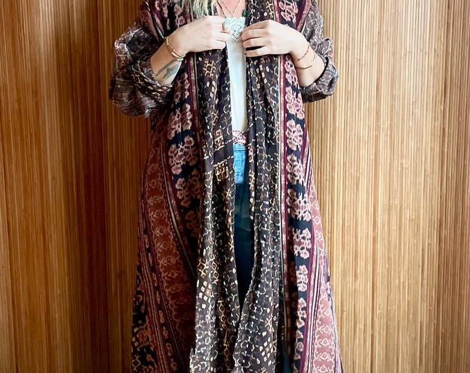 Vintage Indonesian Ikat Duster Jacket – Handwoven Bohemian Cotton Maxi Coat