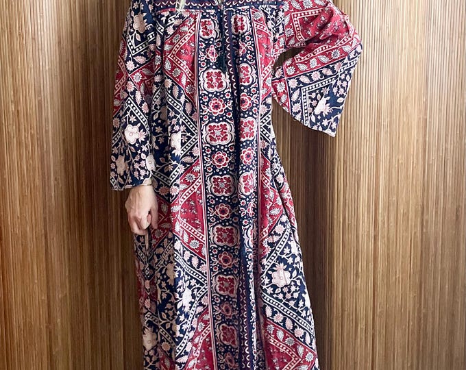 VTG 70s Kaiser Block Print Cotton Dress – Boho Floral Indian Maxi Kaftan