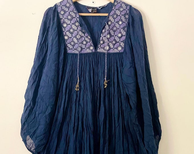 Vintage Mayur Embroidered Indian Cotton Gauze  Dress , Indian Cotton Dress, Navy Blue Cotton Gauze Midi Embroidered Bohemian Dress