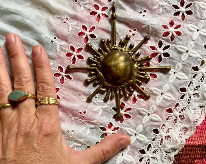 Vintage Brutalist Brass Sun Pendant Necklace -Sculptural Celestial Statement Jewelry, Mid-Century Modernist Boho Pendant