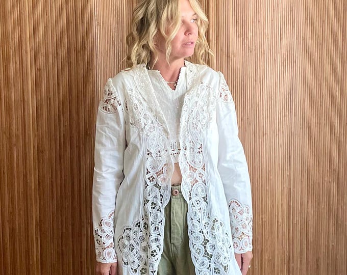 VTG White Lace Linen Duster - Bohemian Cutout Layering Maxi Jacket