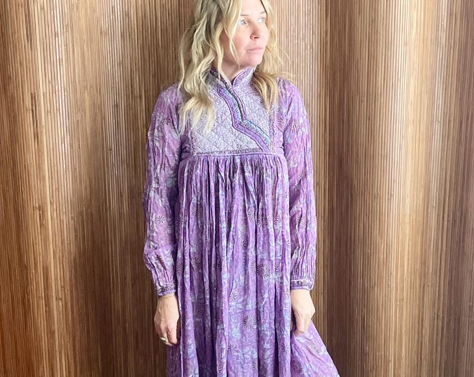 Vintage Phool India Cotton Dress: Quilted Yoke Boho Prairie
