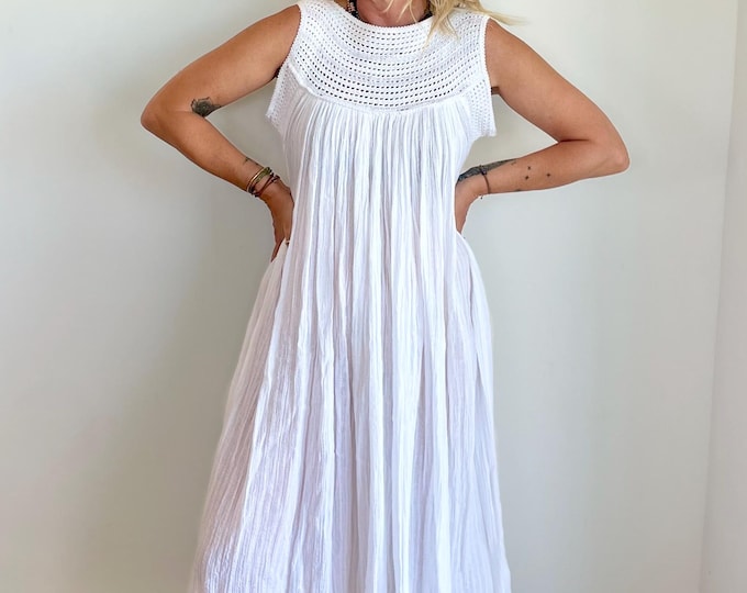 Vintage Cotton Gauze Grecian Sun Dress ,  Cotton Crochet Gauze Dress  , White Cotton Gauze Dress , Bohemian Summer Dress , Sun Dress BOHO