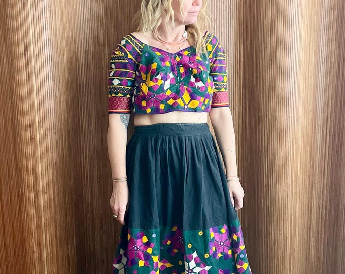 Vintage Indian Banjara Hand-Embroidered Mirror Set — Crop Blouse & Full Skirt, Colorful Folk Embroidery