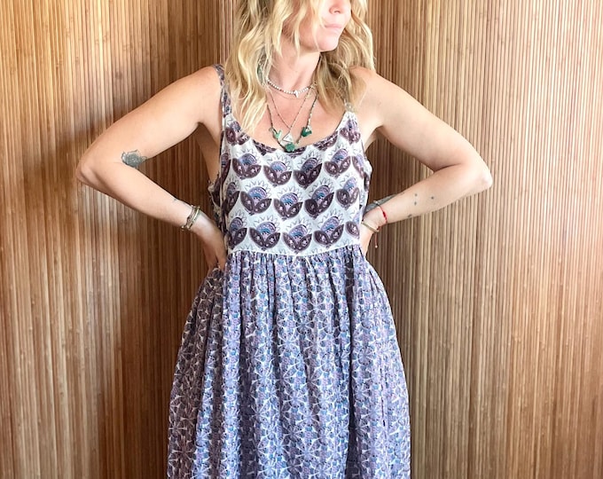Vintage Indian Block‑Print Strappy Maxi Dress — Boho Tiered Sundress